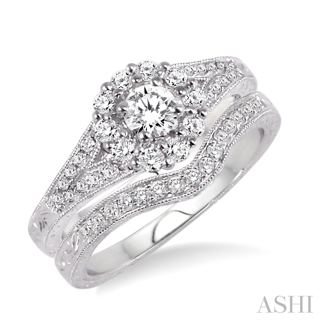 0.74 ctw Diamond Wedding Set Engagement Ring Band 14K White Gold: An exquisite masterpiece of haute joaillerie, this stunning Halo wedding set featuring Natural Diamonds is a true treasure. A detailed Halo gallery secures the stones, rendered in 5.05 grams of lustro