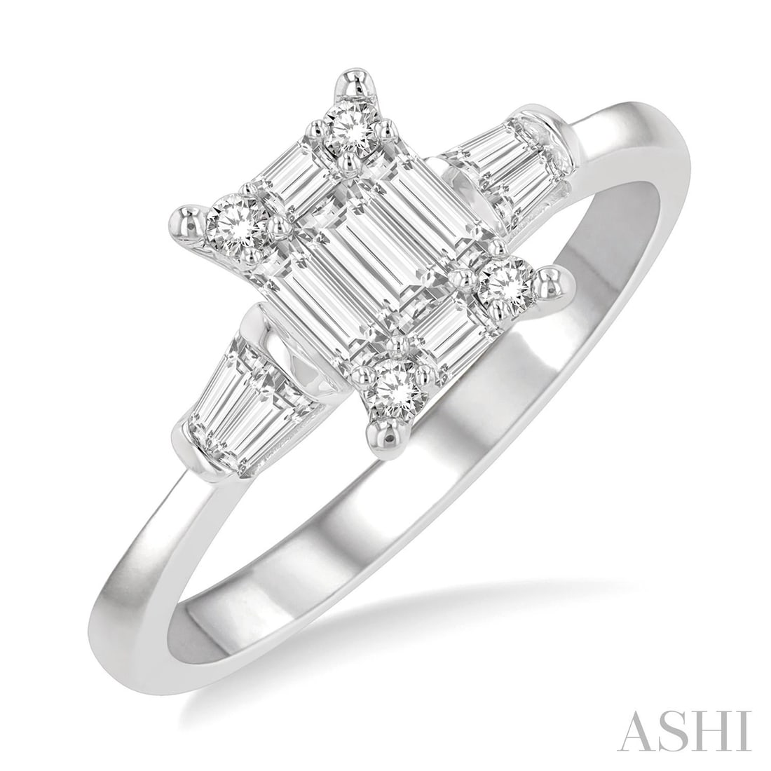 0.57 ctw Baguette Diamond Rectangular Head 14K White Gold Ring: Epitomizing grandeur, this stunning Rectangular Head ring featuring White Diamonds stands as a beacon of refined taste. Crafted with precision, the Cluster setting is seamlessly integrated into 3.4 gr