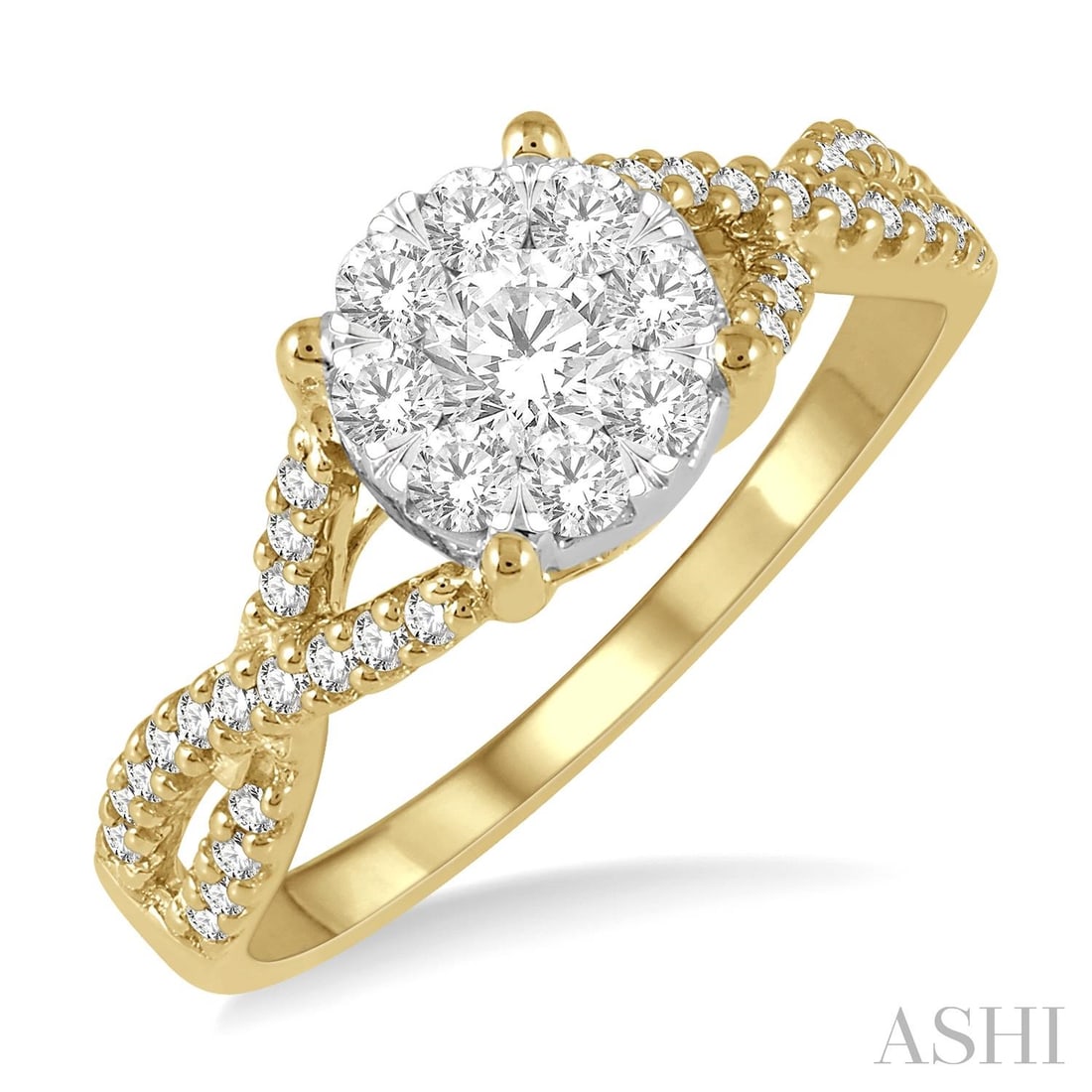 0.58 ctw Cluster Diamond Halo 14K Yellow & White Gold Engagement Ring: Captured in a moment of brilliance, this magnificent Cluster Halo ring featuring White Diamond speaks to the connoisseur. Securely held in a classic Halo design, the ring is forged from 3.25 grams of 