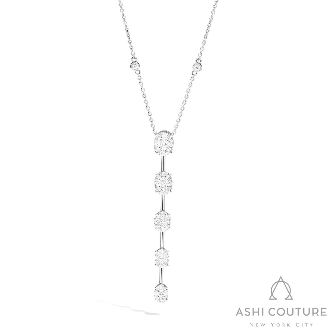 1.60 ctw White Diamond Fiori Cluster Bar 18K White Gold Pendant: A symphony of light and color, this breathtaking Fiori Cluster Bar necklace featuring White Diamond embodies the pinnacle of luxury. The gemstones are nestled within a Cluster framework, supported by 