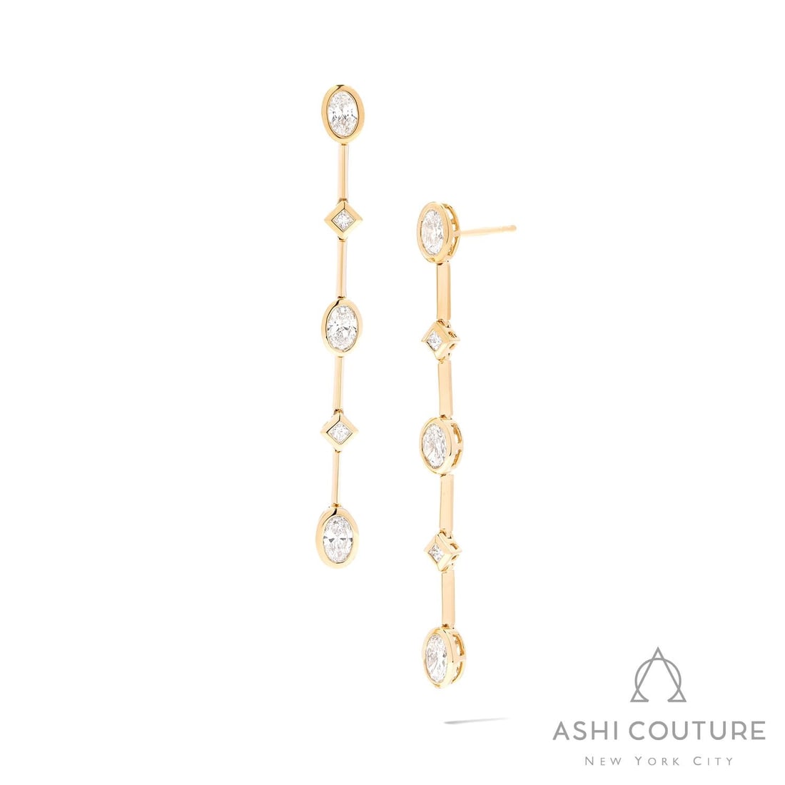 2.04 ctw Oval & Princess Cut Diamond Drop 18K Yellow Gold Earrings: A vision of luxury, this stunning Bar Oval Princess pair of earrings featuring White Diamond defines sophistication. Expertly mounted in a Linear Drop setting, the earrings are crafted in 5.8 grams of