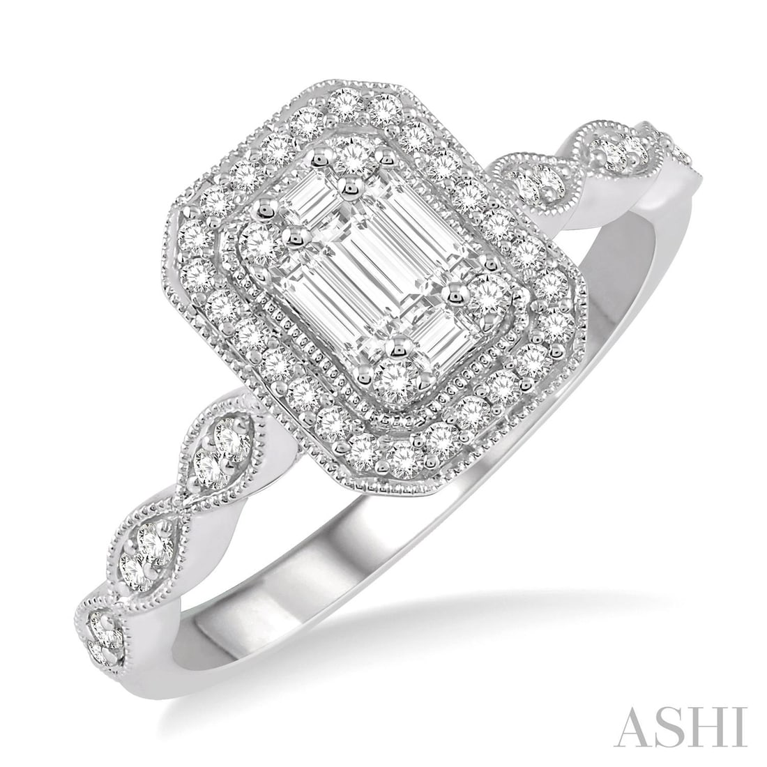 0.37 ctw Baguette & Round Diamond Halo Engagement Ring 14K White Gold: Rare and radiant, this magnificent Halo ring featuring White Diamond offers a touch of the extraordinary. A detailed Halo gallery secures the stones, rendered in 3.15 grams of lustrous 14K White Gold.