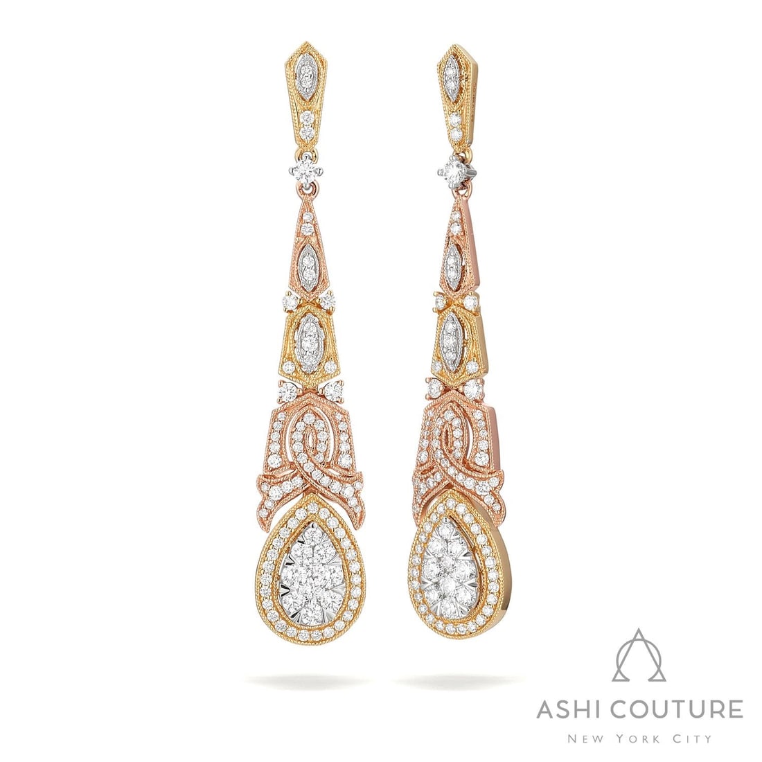 1.66 ctw White Diamond Fiori Pear Cluster 18K Tri-Color Gold Earrings: An exquisite masterpiece of haute joaillerie, this magnificent Pear Cluster pair of earrings featuring White Diamond is a true treasure. Crafted with precision, the Cluster setting is seamlessly integ