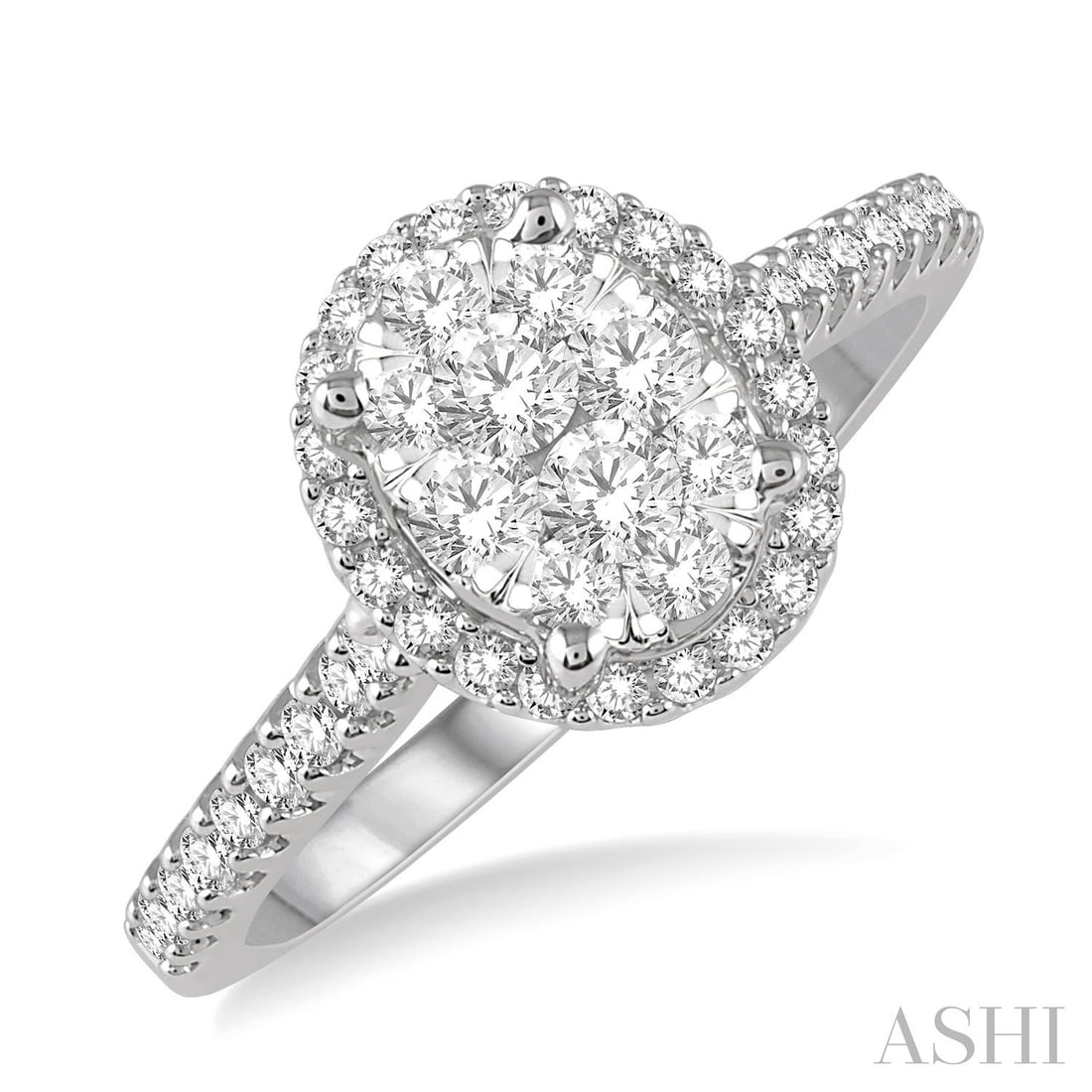 0.51 ctw Diamond Cluster Oval Halo 14K White & Yellow Gold Ring: An exquisite masterpiece of haute joaillerie, this magnificent Cluster Oval Halo ring featuring Natural Diamonds is a true treasure. Showcasing the gems in a Cluster Halo arrangement, the ring consist
