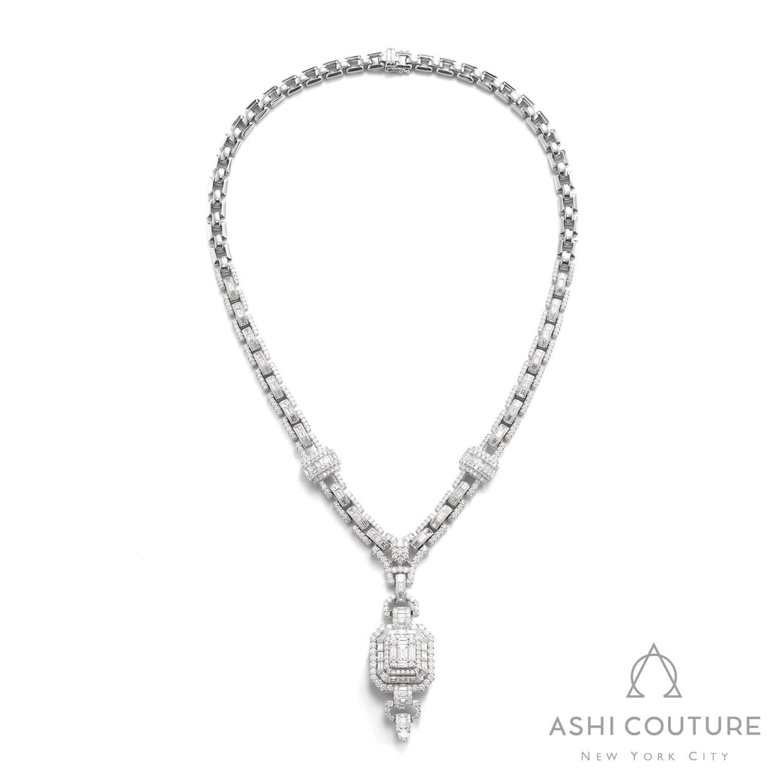 12.65 ctw Baguette & Round Diamond 18K White Gold Necklace: A vision of luxury, this stunning Baguette necklace featuring White Diamond defines sophistication. The gemstones are nestled within a Channel and Pave framework, supported by a substantial 82.0 grams