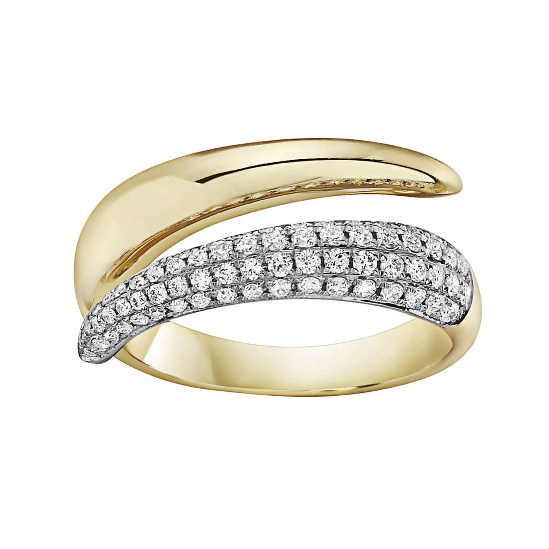 14k Yellow Gold Ring with 0.42 ctw SI1 White Diamonds: Exuding contemporary sophistication, this exquisite ring features a graceful design with a sweeping curve adorned with White Diamonds. The diamonds, round cut and slightly included (SI1), are set in a