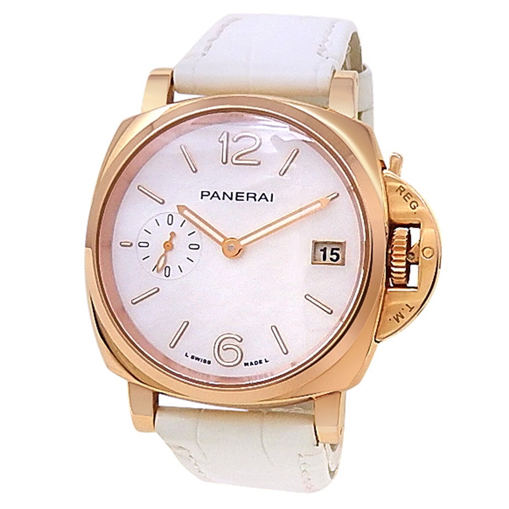 Panerai Luminor Due Goldtech PAM01280 18k Rose Gold Mother of Pearl Dial: The Panerai Luminor Due Goldtech, Reference PAM01280, is a masterpiece of modern luxury and horological refinement. Crafted in Panerai's signature 18k Rose Gold (Goldtech), this elegant watch boasts a