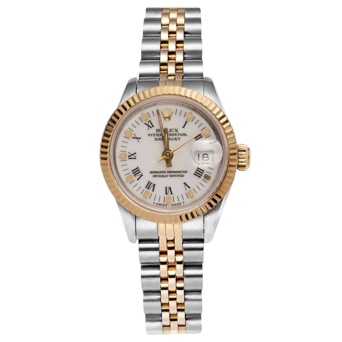 Rolex Datejust 69173 Stainless Steel & Yellow Gold Fluted Bezel White Dial: The Rolex Datejust, Reference 69173, is a timeless classic that marries elegance with everyday functionality. Crafted in a two-tone combination of stainless steel and yellow gold, this ladies' timepie
