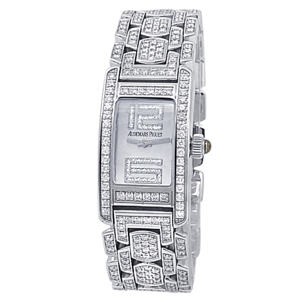 Audemars Piguet Promesse 67465BC.ZZ.1189BC.03 18k White Gold Mother of Pearl Dial: The Audemars Piguet Promesse, Reference 67465BC.ZZ.1189BC.03, is an exquisite vision of feminine elegance. Crafted in post-modern luxury, it is fashioned from brilliant 18k white gold with a stunning 