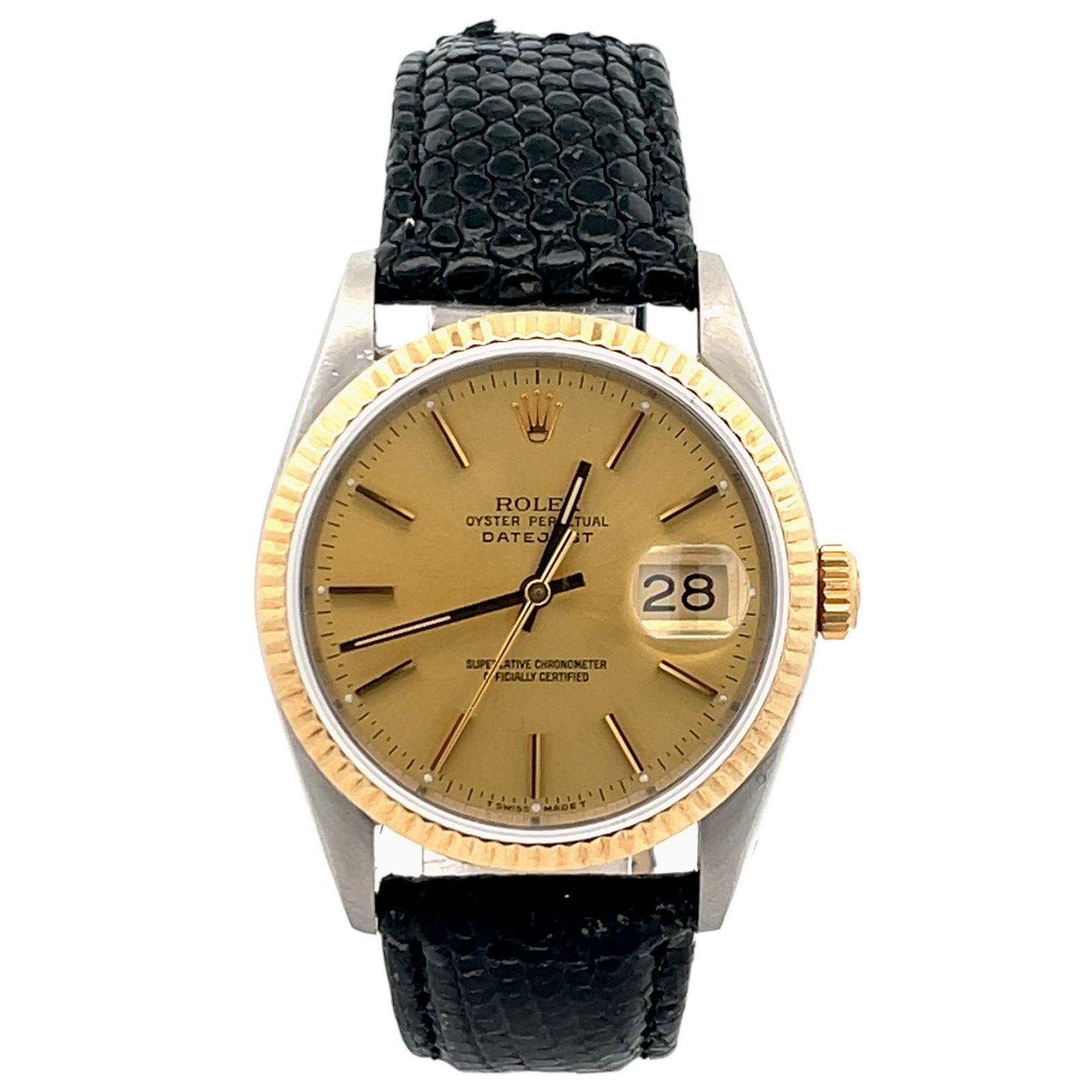 Rolex Datejust 16233 Two-Tone Champagne Dial: The Rolex Datejust, Reference 16233, is a timeless icon of elegance. Crafted in a refined two-tone combination of stainless steel and 18k yellow gold, this timepiece features a luminous Champagne dial