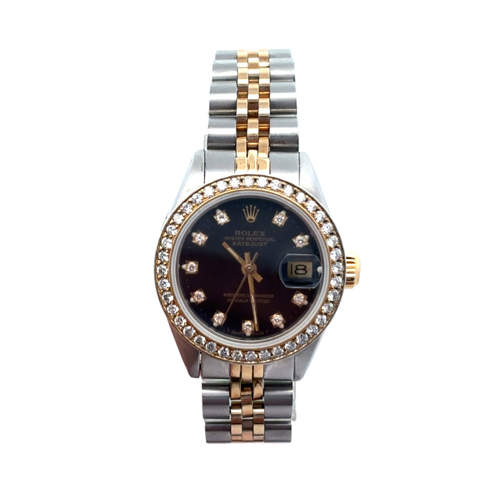 Rolex Lady-Date Just 6917 Jubilee Two-Tone Custom Black Diamond Dial & Bezel: The Rolex Lady-Date Just, Reference 6917, is a captivating blend of classic elegance and bold customization. Housed in a two-tone stainless steel and 18k yellow gold case, this 26mm treasure features 