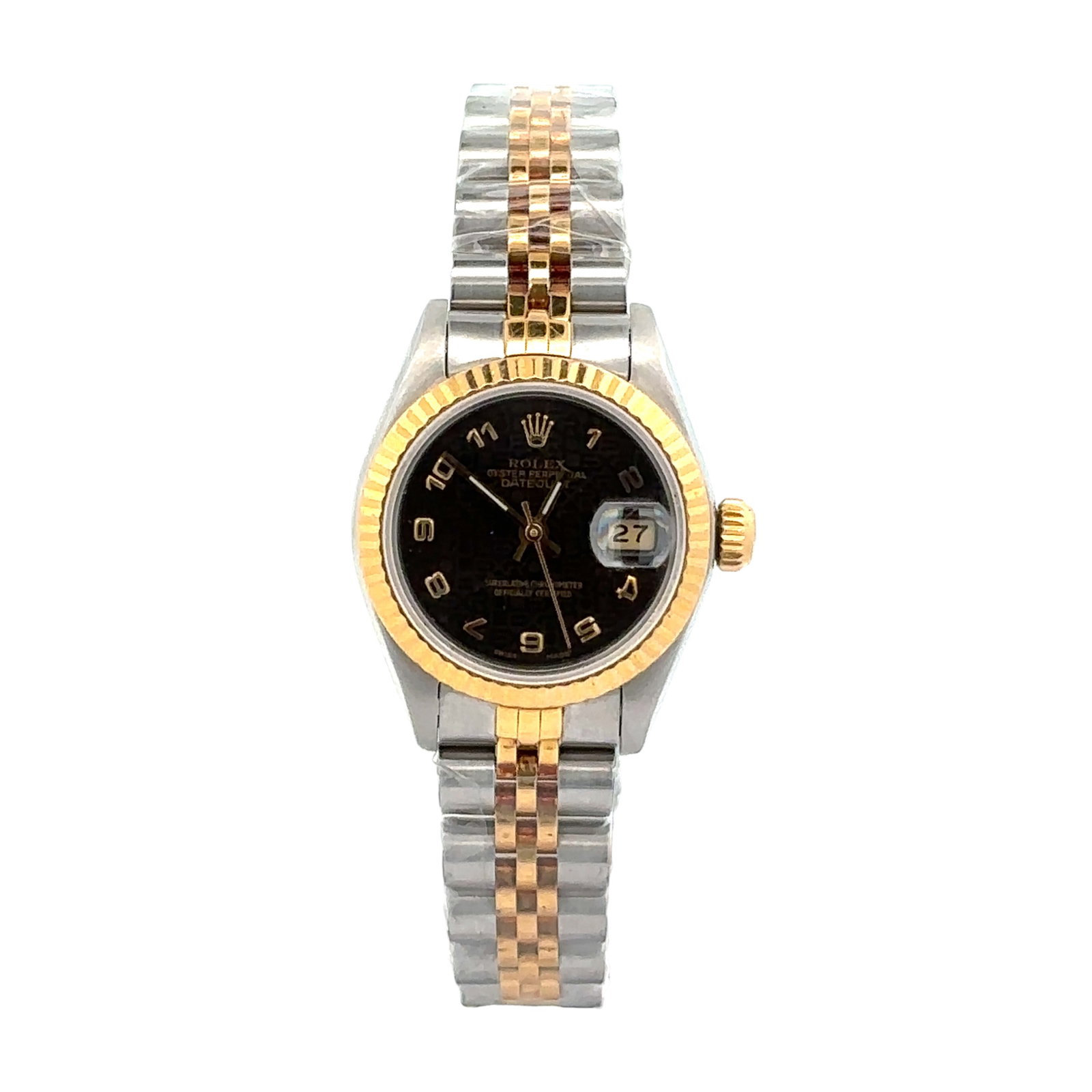 Rolex Lady-Datejust 69173 Two-Tone Black Dial: The Rolex Lady-Datejust, Reference 69173, is a timeless blend of elegance and prestige. Crafted in a harmonious two-tone combination of stainless steel and yellow gold, this ladies' timepiece features