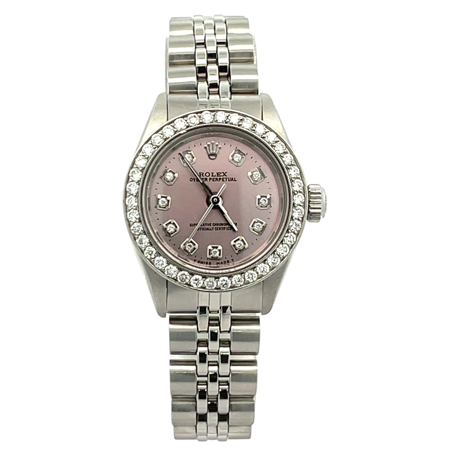 Rolex 6718 24mm Pink Diamond Dial & Custom Diamond Bezel Jubilee Bracelet: The Rolex Datejust, Reference 6718, presents a captivating fusion of classic design and luxurious detailing. This elegant 24mm ladies' timepiece features a sterling stainless steel case, highlighted b