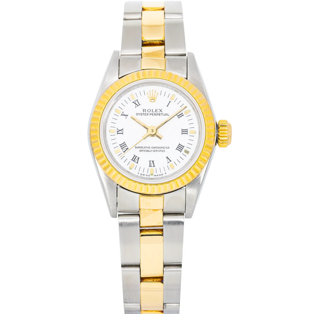 Rolex Ladies Datejust 67193 18K Gold/Steel White Dial: The Rolex Ladies Datejust, Reference 67193, is a quintessential expression of timeless elegance. Crafted in a luxurious two-tone combination of 18K yellow gold and stainless steel, the 26mm case exude
