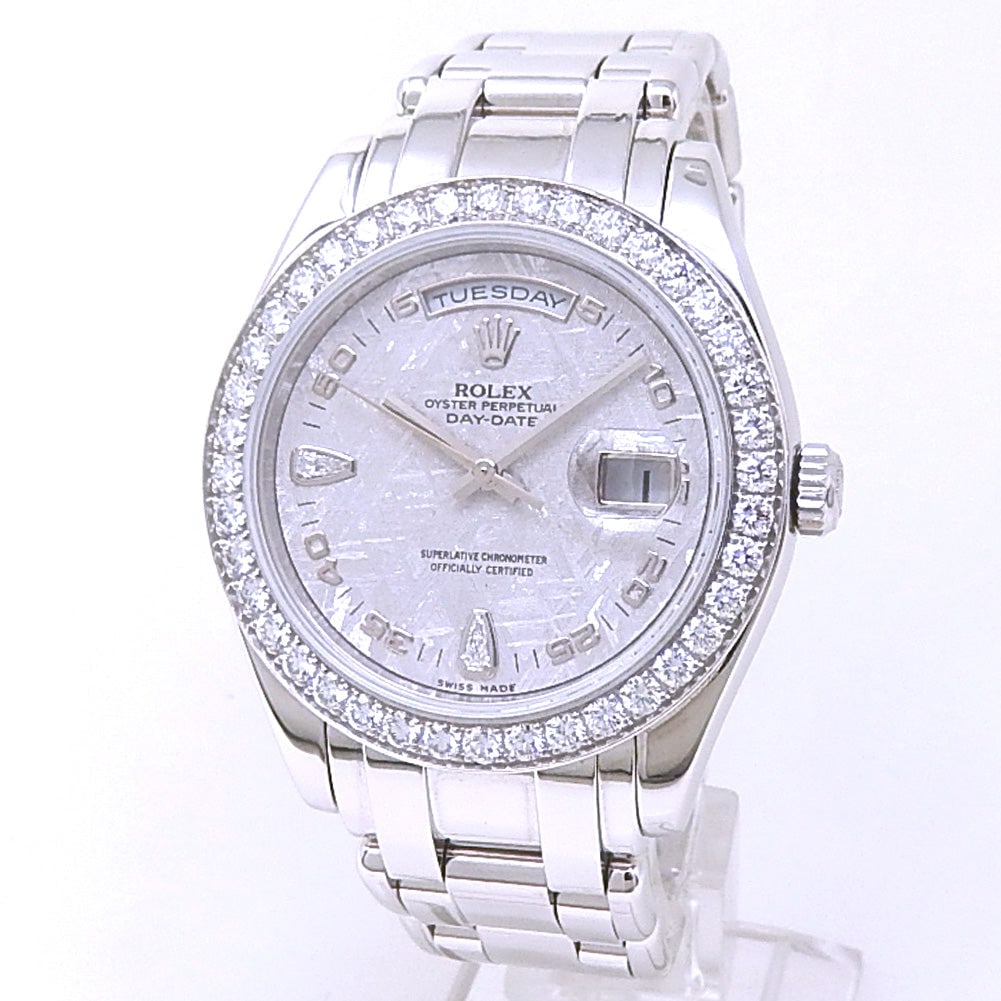 Rolex Day-Date Masterpiece 18946 Platinum Meteorite Dial: The Rolex Day-Date Masterpiece, Reference 18946, is a pinnacle of luxury and craftsmanship. Crafted entirely in Platinum, this exquisite timepiece features a breathtaking Meteorite dial, a rare an