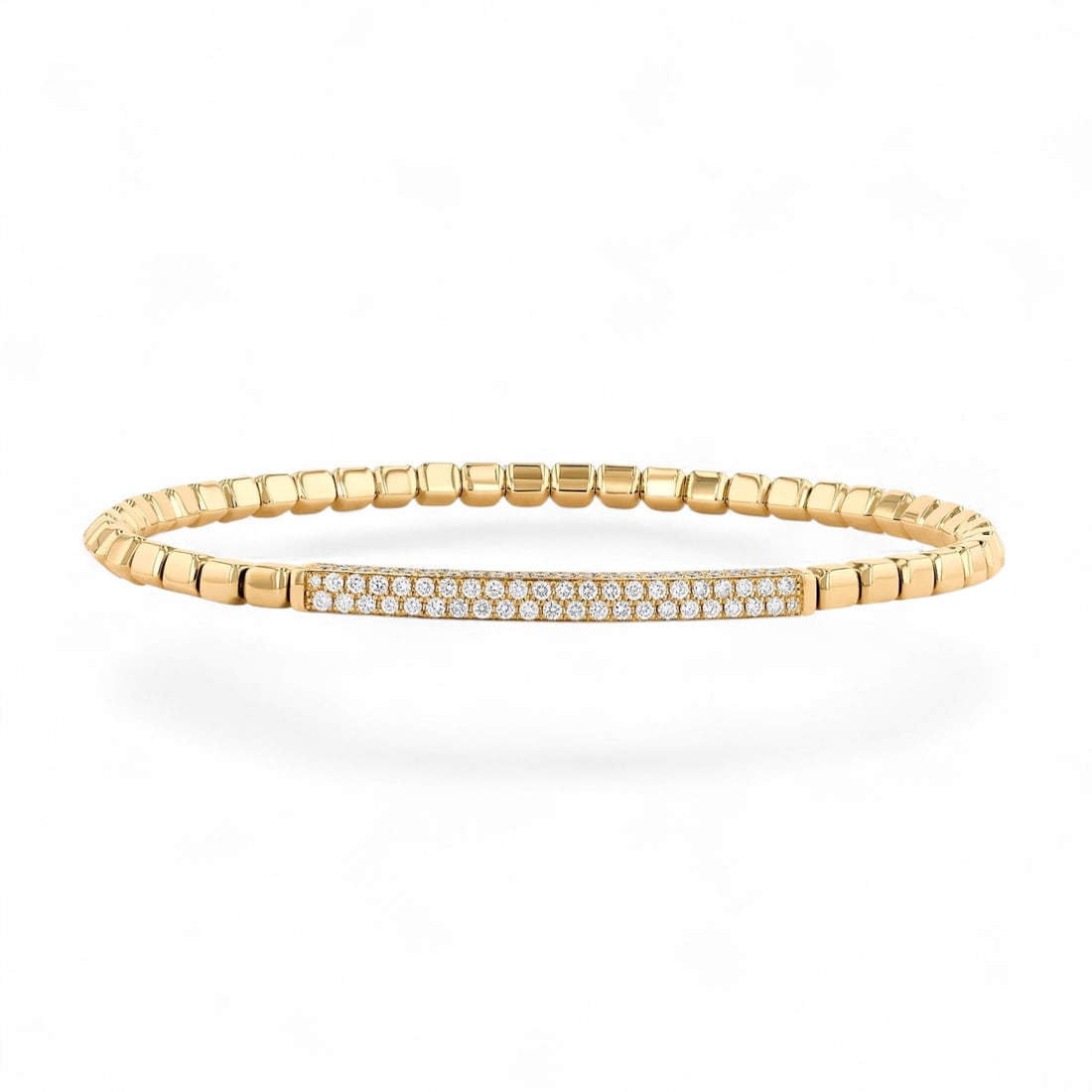 1.29 Ctw Bead Pave Bar Stretch White Diamond Modern 18K Yellow Gold Bracelet - Certified: A vision of luxury, this stunning Bead Pave Bar Stretch bracelet featuring Natural Diamonds defines sophistication. Expertly mounted in a Micro-Pave setting, the bracelet is crafted in 9.6 grams of so