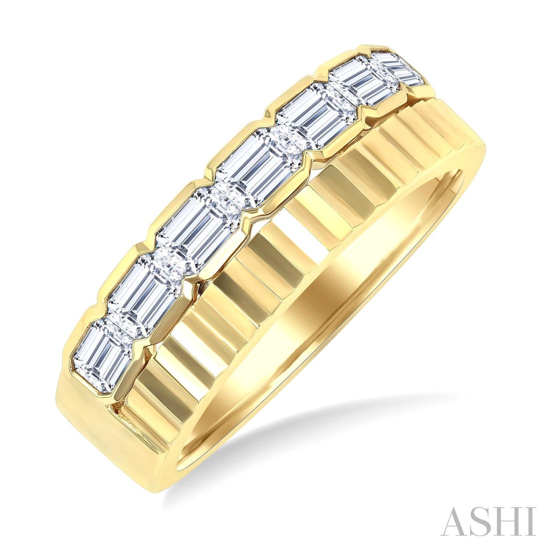 1.05 ctw Emerald Diamond Pyramid Accent Bold 14K Yellow Gold Band Ring: Exuding opulence and grace, this luxurious Pyramid Accent band ring featuring White Diamond is crafted for the distinguished. A detailed Eternity gallery secures the stones, rendered in 5.27 grams of 