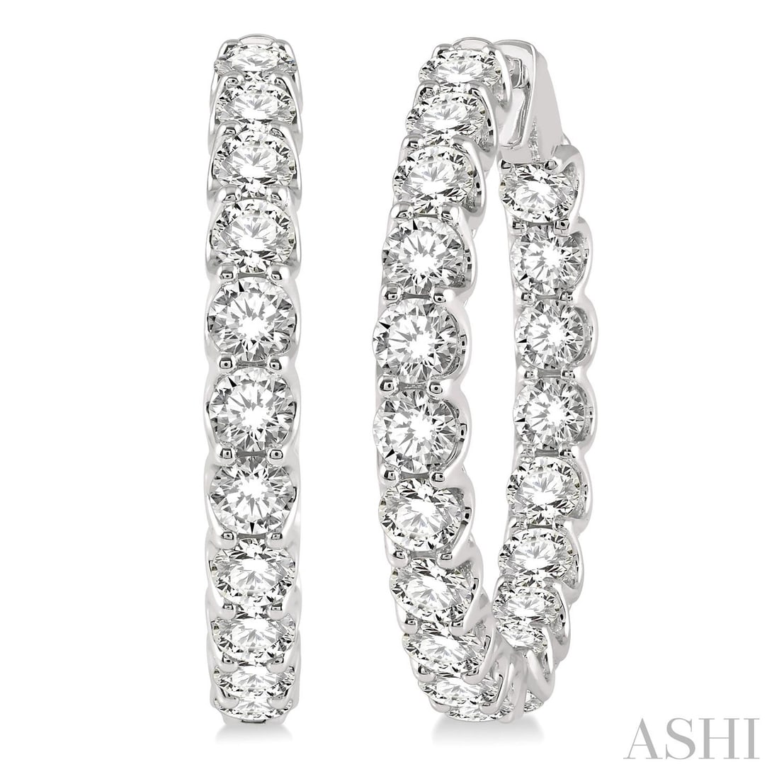 10.0 ctw Round White Diamond Inside-Out Hoop 14K White Gold Earrings: A symphony of light and color, this breathtaking Inside-Out Hoop pair of earrings featuring White Diamond embodies the pinnacle of luxury. Securely held in a classic Hoop design, the earrings are forg