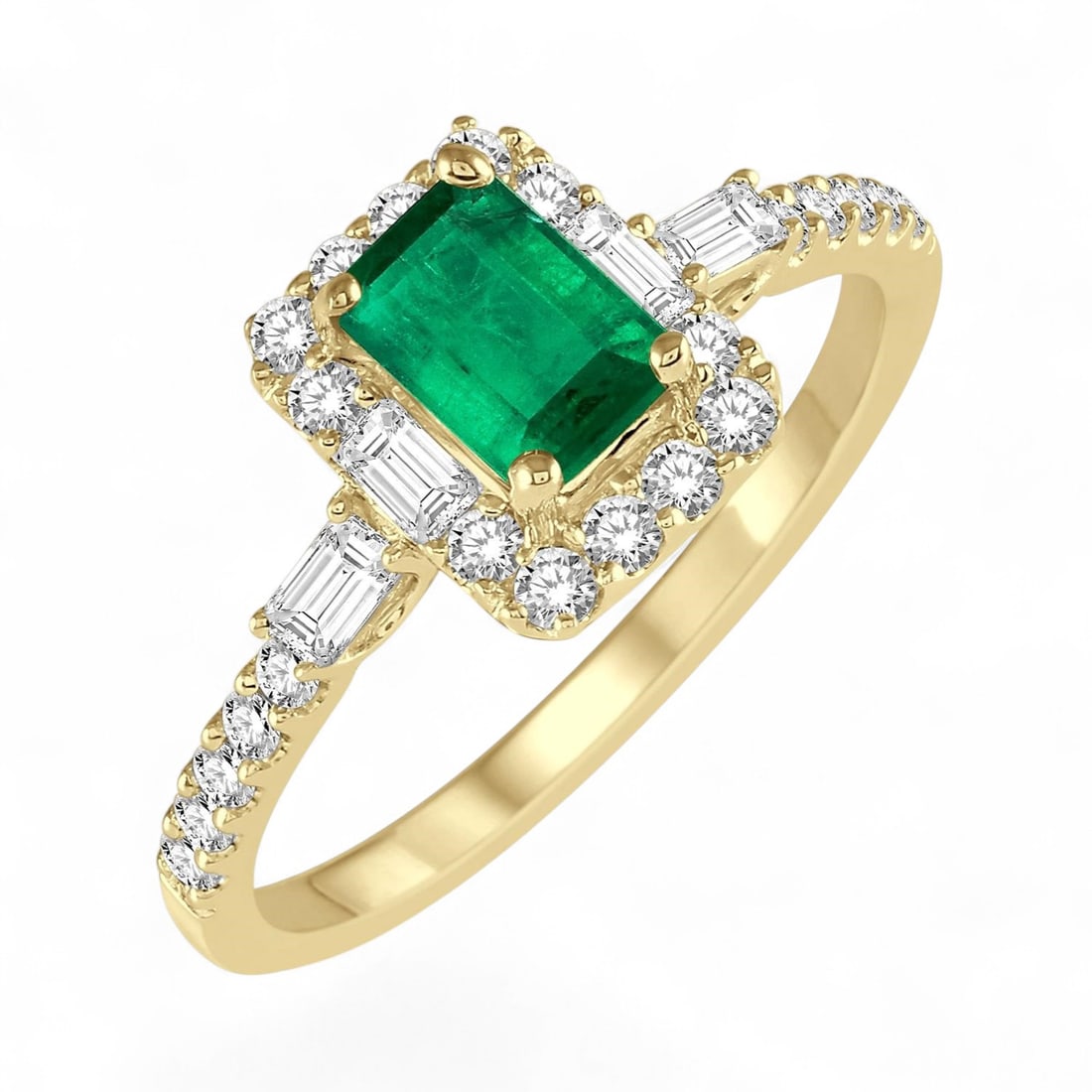 6x4 MM Emerald and 0.46 Ctw Halo Diamond Modern 14K Yellow Gold Ring - Certified: Defining modern elegance, this magnificent Halo ring featuring Natural Diamonds and Emeralds captures the essence of style. The gemstones are nestled within a Halo framework, supported by a substantia