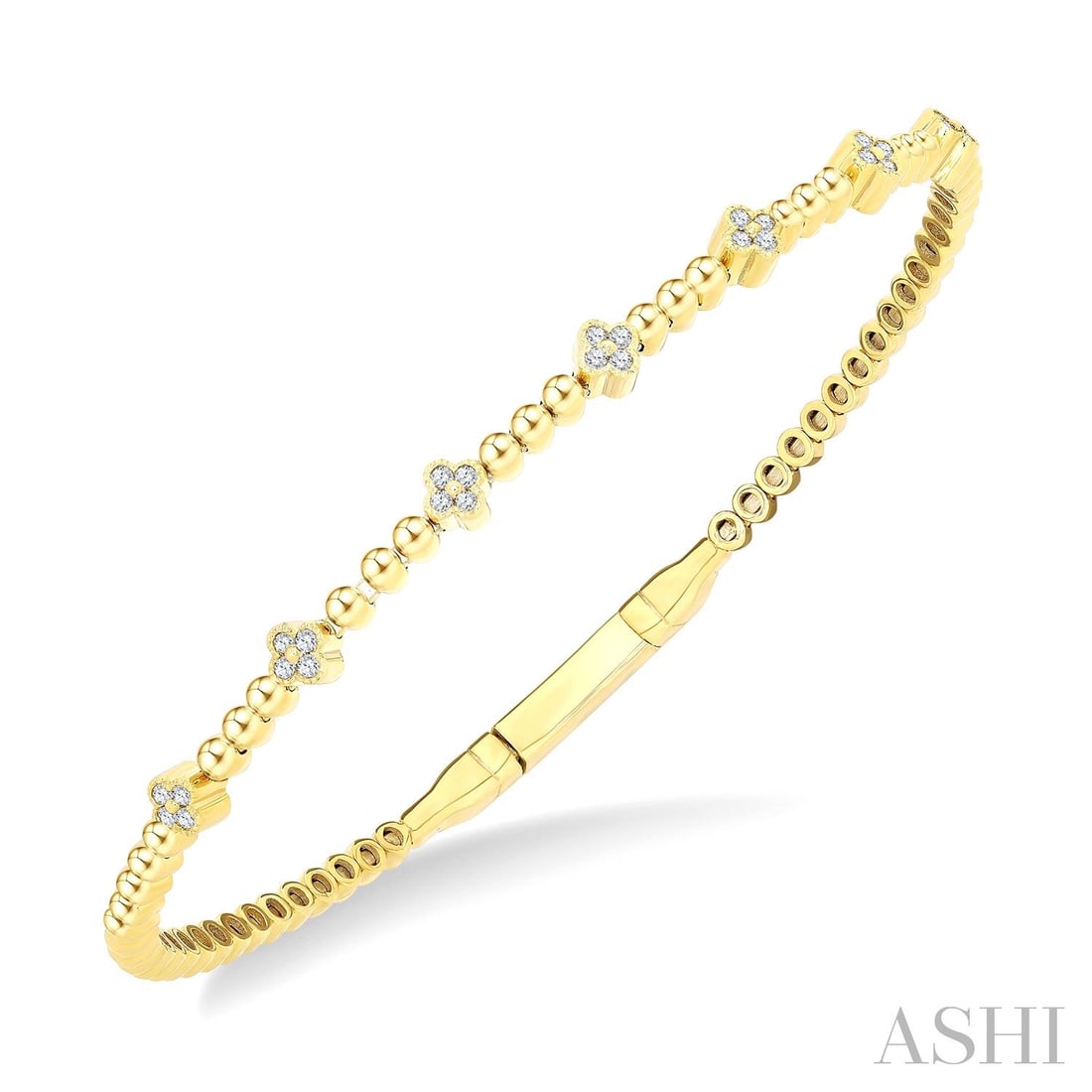 0.14 ctw Diamond Clover 10K Yellow Gold Flex Bangle: Epitomizing grandeur, this magnificent Clover bangle bracelet featuring White Diamond stands as a beacon of refined taste. Crafted with precision, the Flexible Bangle setting is seamlessly integrated 
