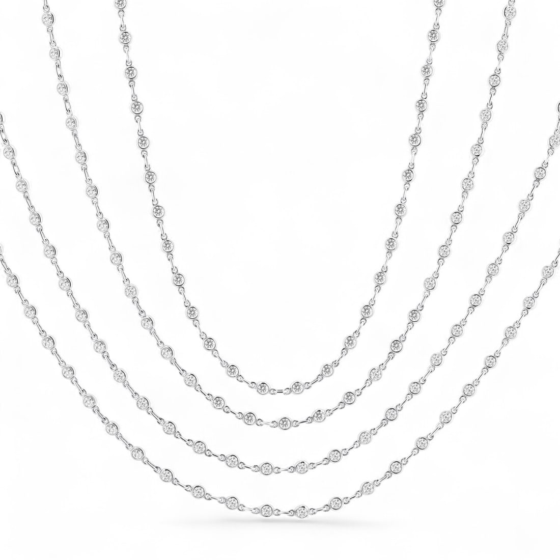 6.99 Ctw Bezel Set Layered 60-Inch White Diamond Modern 14K White Gold Necklace - Certified: Defining modern elegance, this magnificent Bezel Set Layered 60-Inch necklace featuring Natural Diamonds captures the essence of style. Expertly mounted in a Bezel setting, the necklace is crafted in 