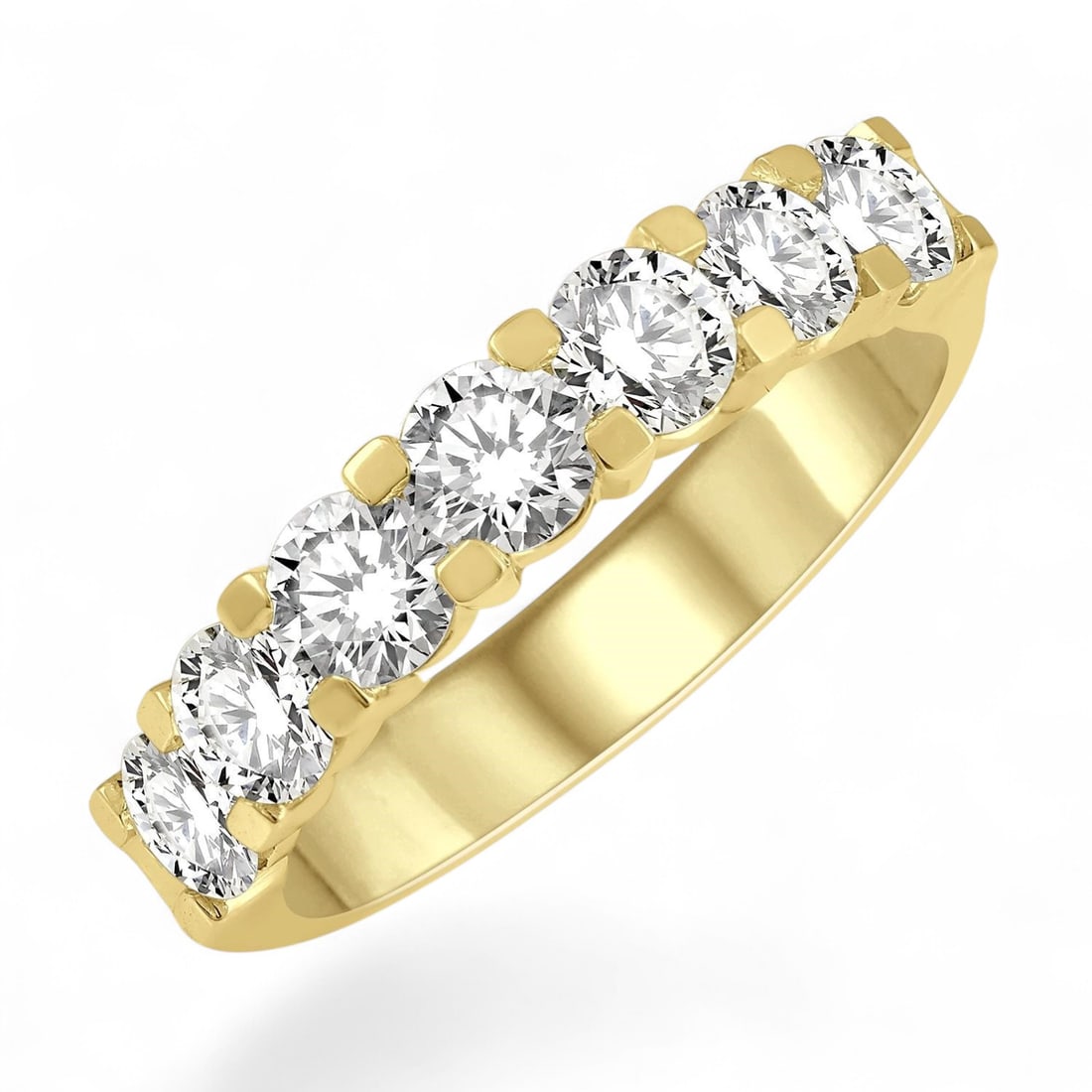 2.03 Ctw 7 Stone Wedding Band White Diamond Modern 14K Yellow Gold Ring - Certified: Exuding opulence and grace, this stunning 7 Stone Wedding Band ring featuring Natural Diamonds is crafted for the distinguished. Showcasing the gems in a Prong arrangement, the ring consists of 5.0 gr