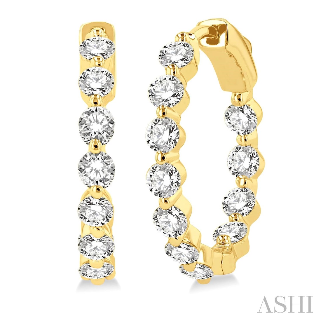 2.04 ctw Round Diamond Inside-Out 14K Yellow Gold Hoop Earrings: Defining modern elegance, this stunning Inside-Out pair of earrings featuring White Diamond captures the essence of style. Expertly mounted in a Hoop (Inside-Out) setting, the earrings are crafted in 