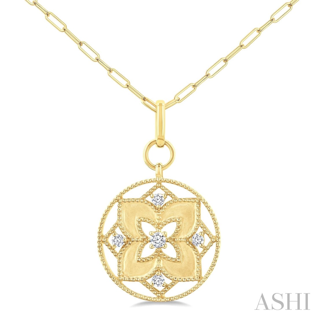 0.24 ctw Diamond Floral Medallion 14K Yellow Gold Pendant: Rare and radiant, this elegant Floral Medallion pendant featuring Natural Diamonds offers a touch of the extraordinary. Showcasing the gems in a Decorative Medallion arrangement, the pendant consists 