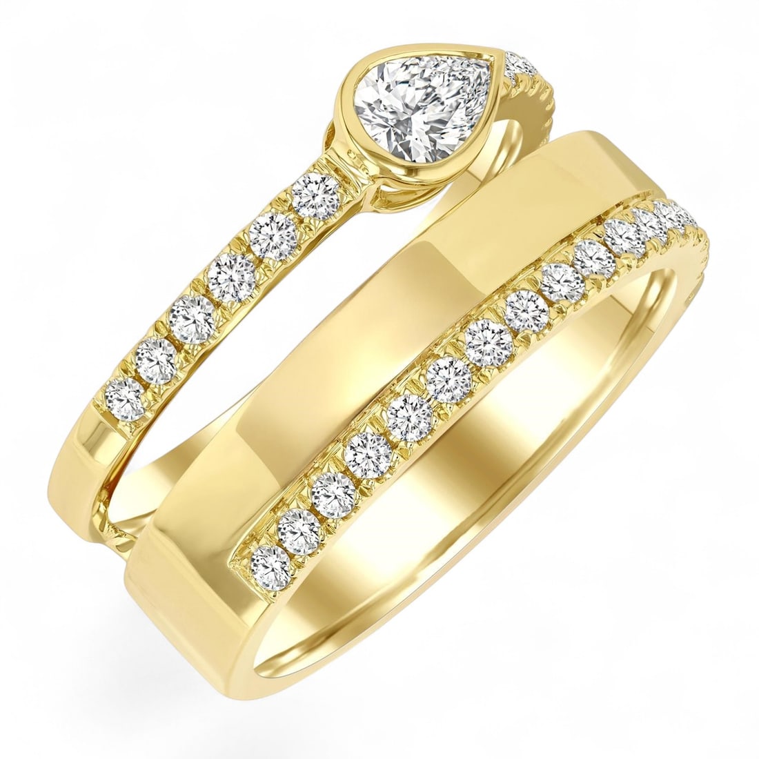 0.72 Ctw Split Twin Row Bezel Set Pear And Round Cut White Diamond Modern 14K Yellow Gold Ring -: Defining modern elegance, this magnificent Split Twin Row Bezel Set Pear and Round Cut ring featuring Natural Diamonds captures the essence of style. The gemstones are nestled within a Split Shank fra