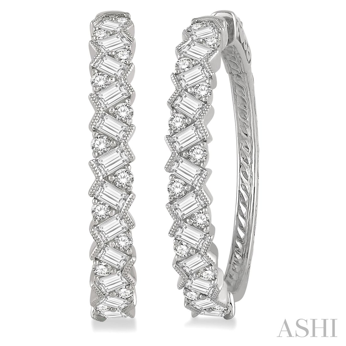 2.0 ctw Zigzag Baguette and Round Diamond 14K White Gold Hoop Earrings: Rare and radiant, this magnificent Zigzag pair of earrings featuring White Diamond offers a touch of the extraordinary. Crafted with precision, the Geometric Channel and Prong Combination setting is s