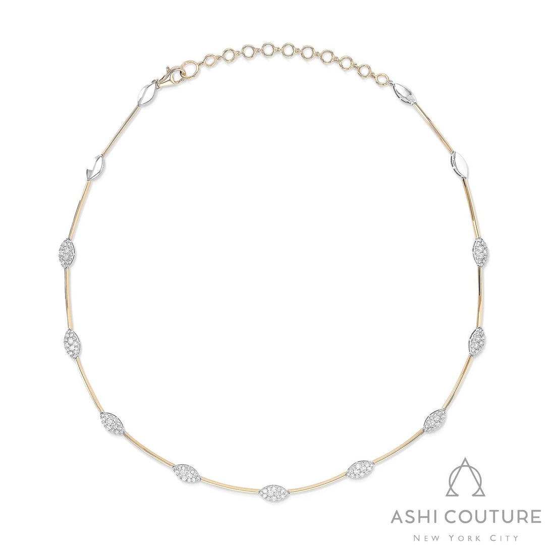2.36 ctw Diamond Fiori Marquise Bar Cluster 18K Yellow & White Gold Necklace: A symphony of light and color, this breathtaking Fiori Marquise Bar Cluster necklace featuring Natural Diamonds embodies the pinnacle of luxury. Securely held in a classic Pave Cluster design, the nec