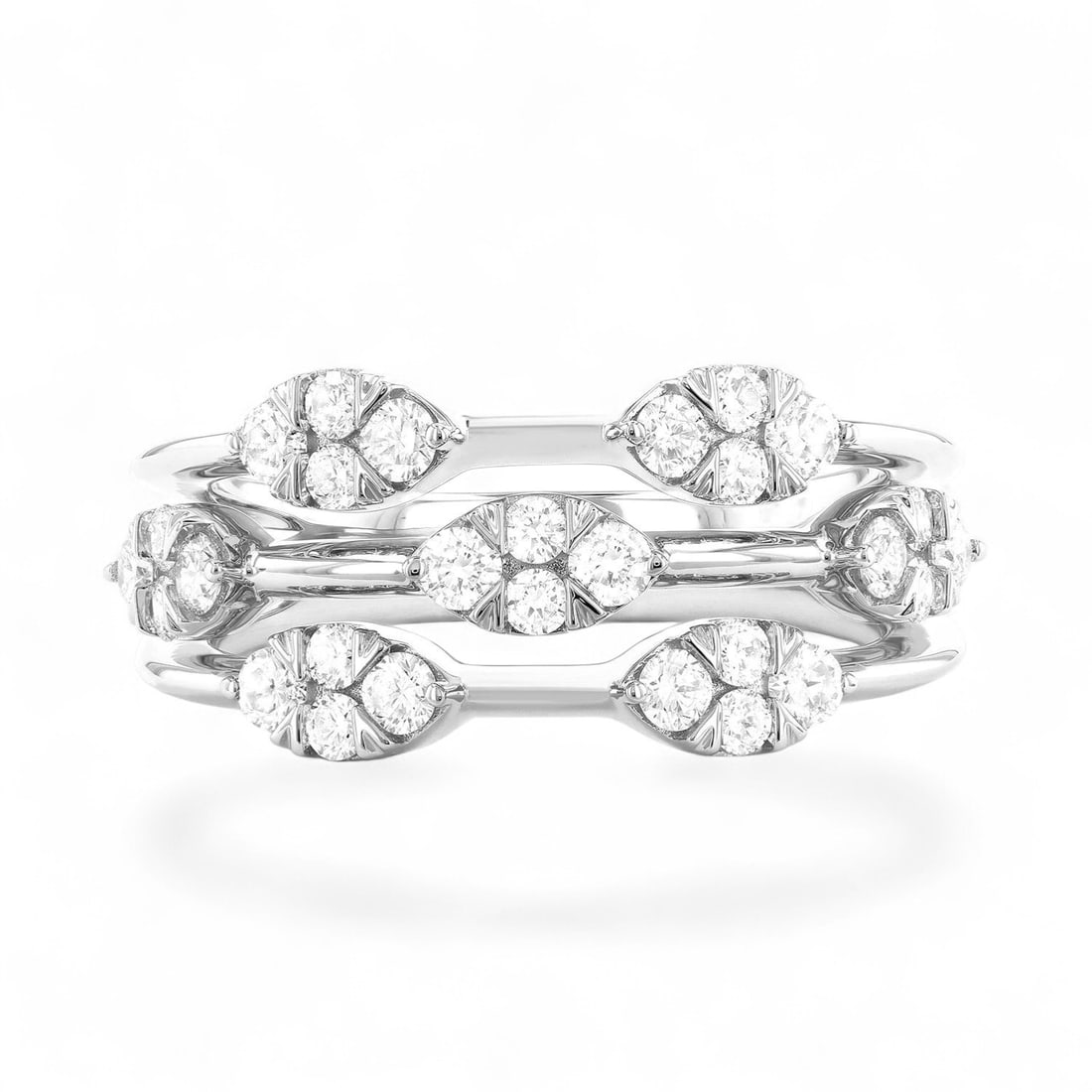 0.76 Ctw Fiori Marquise Multi Row Cluster White Diamond Aesthetic 18K White Gold Ring - Certified: A vision of luxury, this magnificent Fiori Marquise Multi Row Cluster ring featuring Natural Diamonds defines sophistication. Expertly mounted in a Cluster setting, the ring is crafted in 7.0 grams of