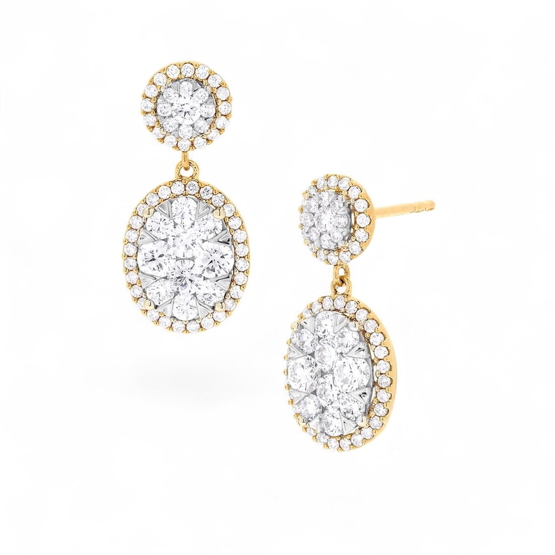 1.93 Ctw Fiori Drop Cluster White Diamond Modern 18K Yellow & White Gold Earrings - Certified: Epitomizing grandeur, this stunning Fiori Round & Oval Drop Cluster pair of earrings featuring Natural Diamonds stands as a beacon of refined taste. Showcasing the gems in a Halo arrangement, the earr