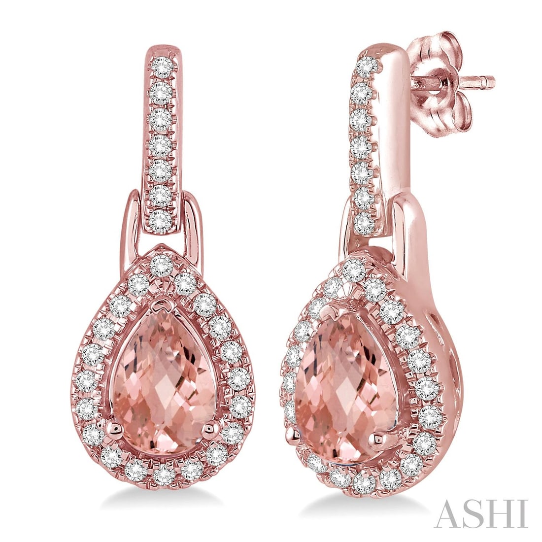 6x4mm Pear Morganite and 0.20 ctw Diamond 10K Rose Gold Earrings: An exquisite masterpiece of haute joaillerie, this elegant Halo pair of earrings featuring Morganite, White Diamond is a true treasure. Showcasing the gems in a Halo arrangement, the earrings consists