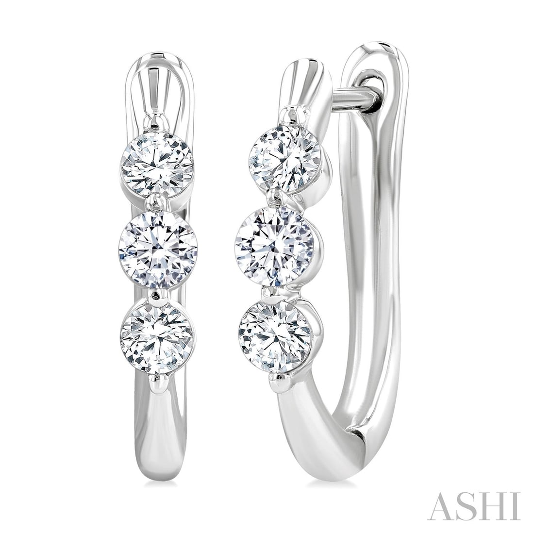 0.50 ctw Three-Stone White Diamond Fashion 14K White Gold Hoop Earrings: A testament to superior craftsmanship, this elegant Three-Stone pair of earrings featuring White Diamond is unparalleled. A detailed Three-Stone gallery secures the stones, rendered in 2.6 grams of lu