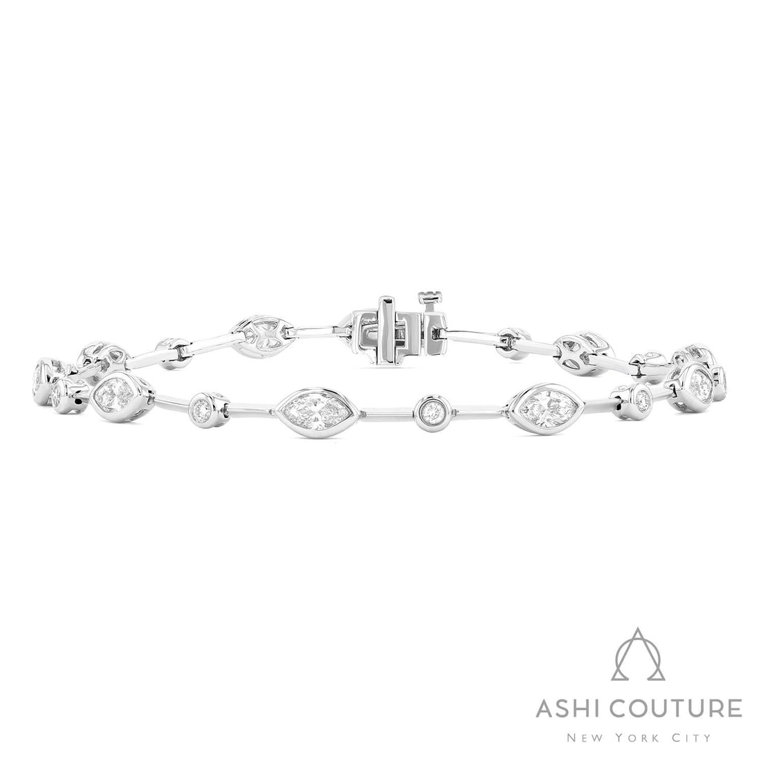 2.18 ctw Marquise & Round Diamond Bezel 18K White Gold Link Bracelet: A testament to superior craftsmanship, this exquisite Duchess Link Bracelet featuring Natural Diamonds is unparalleled. Showcasing the gems in a Link Bracelet with alternating Bezel-Set stones arrange