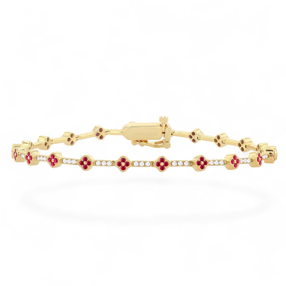 0.5 Ctw Clover Leaf & Bar Link White Diamond Romantic 14K Yellow Gold Bracelet - Certified: Captured in a moment of brilliance, this magnificent Clover Leaf & Bar Link bracelet featuring Natural Diamonds and Rubies speaks to the connoisseur. Securely held in a classic Link design, the bracel