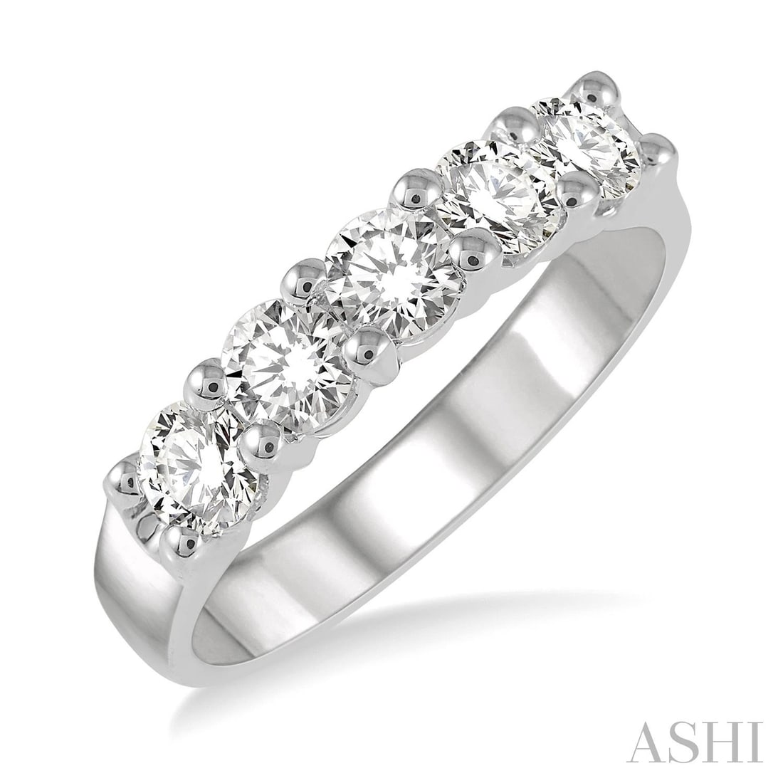 1.00 ctw 5-Stone Diamond Wedding Band 14K White Gold: A symphony of light and color, this stunning 5-Stone ring featuring White Diamond embodies the pinnacle of luxury. The gemstones are nestled within a Five-Stone Band framework, supported by a substant