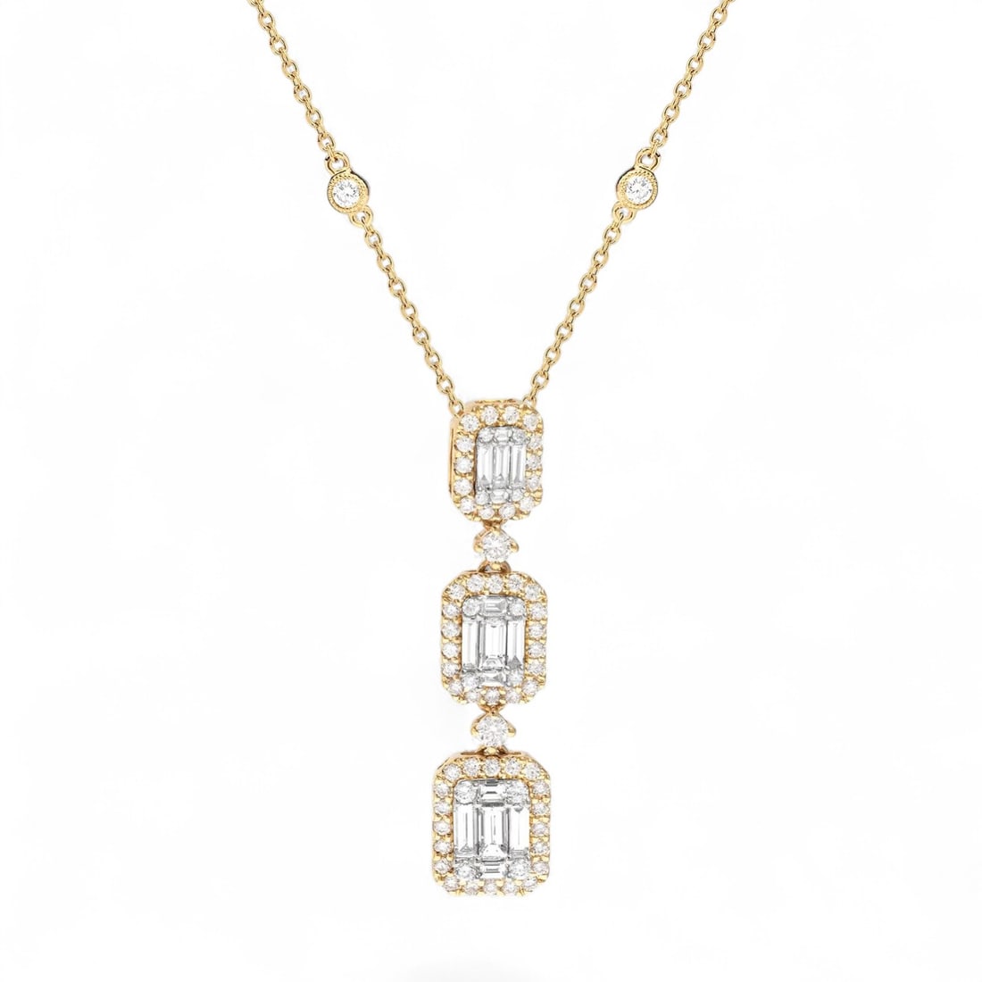 2.09 Ctw White Diamond 18K Yellow & White Gold Necklace - Certified: Exuding opulence and grace, this magnificent Empress Baguette Graduating Station necklace featuring Natural Diamonds is crafted for the distinguished. Showcasing the gems in a Halo arrangement, the ne