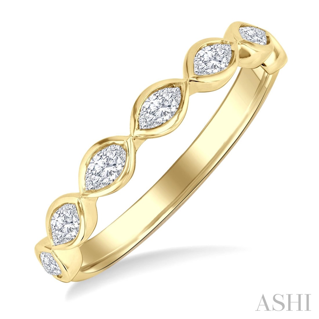 0.7 ctw Marquise Diamond East-West Set 14K Yellow Gold Stackable Band: A vision of luxury, this magnificent East-West Set band ring featuring White Diamond defines sophistication. The gemstones are nestled within a Bezel framework, supported by a substantial 2.55 grams 1