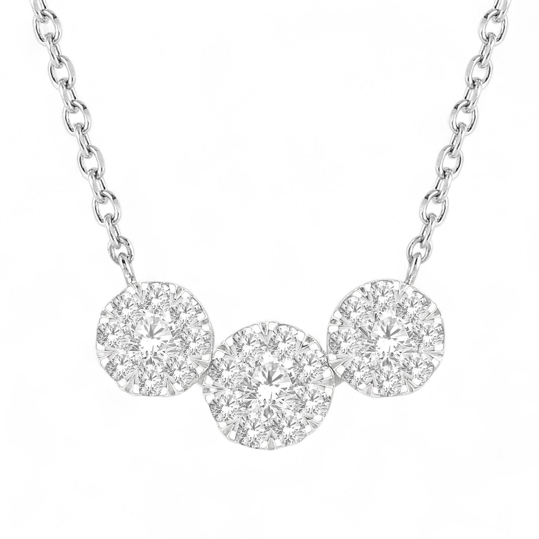 0.5 Ctw 3-Stone Cluster Round White Diamond Modern 14K White Gold Necklace - Certified: Captured in a moment of brilliance, this magnificent 3-Stone Cluster necklace featuring Natural Diamonds speaks to the connoisseur. Expertly mounted in a Cluster setting, the necklace is crafted in 0.