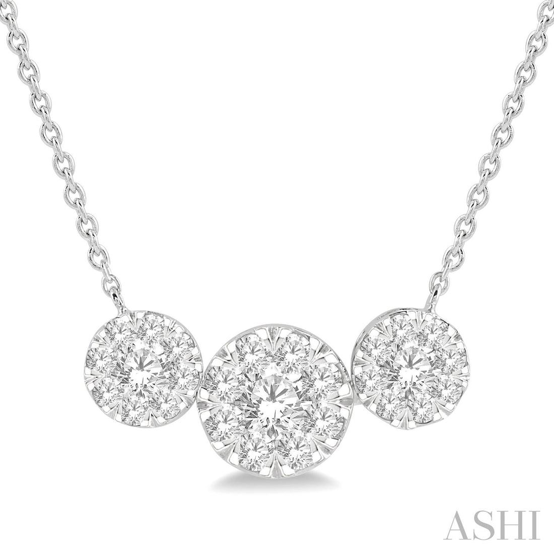 1.02 ctw White Diamond 3-Stone Cluster 14K White Gold Necklace: Defining modern elegance, this stunning 3-Stone Cluster pendant necklace featuring White Diamond captures the essence of style. Expertly mounted in a Three-Stone Cluster setting, the pendant necklace 