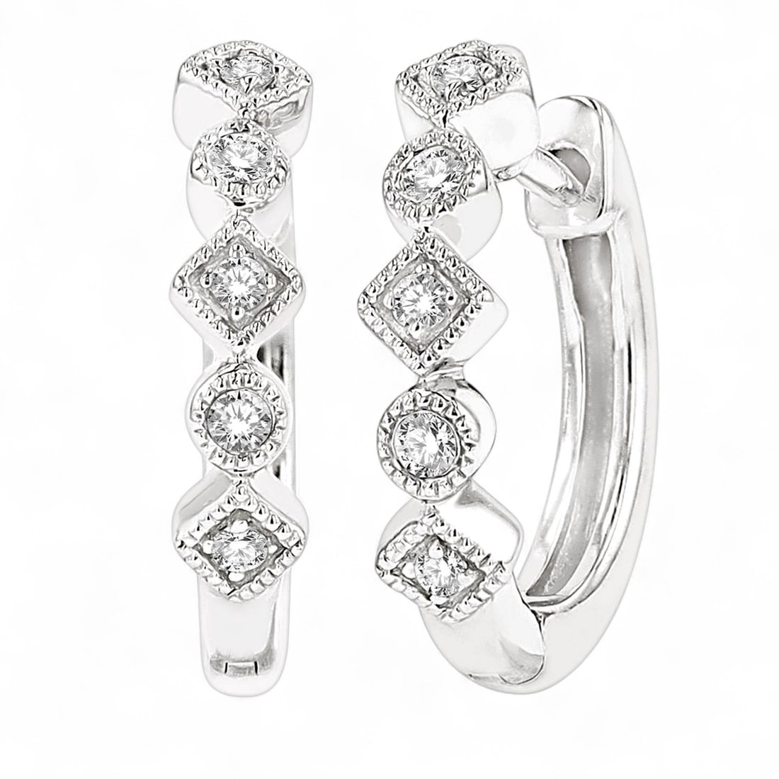 0.09 Ctw Circular & Rhombus Mount Huggie Petite White Diamond Modern 10K White Gold Earrings -: Epitomizing grandeur, this stunning Circular & Rhombus Mount Huggie Petite pair of earrings featuring Natural Diamonds stands as a beacon of refined taste. Crafted with precision, the Prong setting is