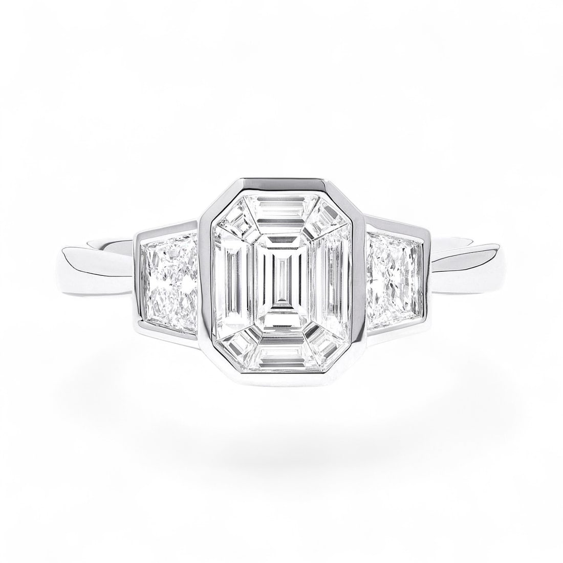 1.05 Ctw 3 Stone Bezel White Diamond Modern 18K White Gold Ring - Certified: Timeless and sophisticated, this magnificent 3 Stone Bezel ring featuring Natural Diamonds radiates enduring beauty. Securely held in a classic Three-Stone design, the ring is forged from 4.5 grams of
