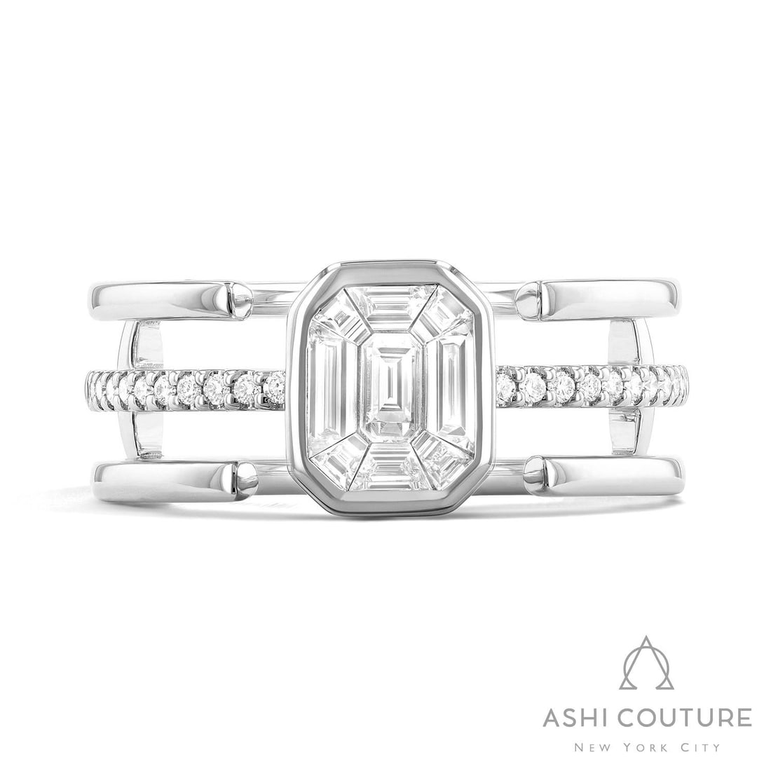 0.65 ctw Diamond 18K White Gold Empress 3-Row Open Ring: A symphony of light and color, this breathtaking 3-Row Open ring featuring Natural Diamonds embodies the pinnacle of luxury. The gemstones are nestled within a Multi-Row Band with a central Bezel-set 