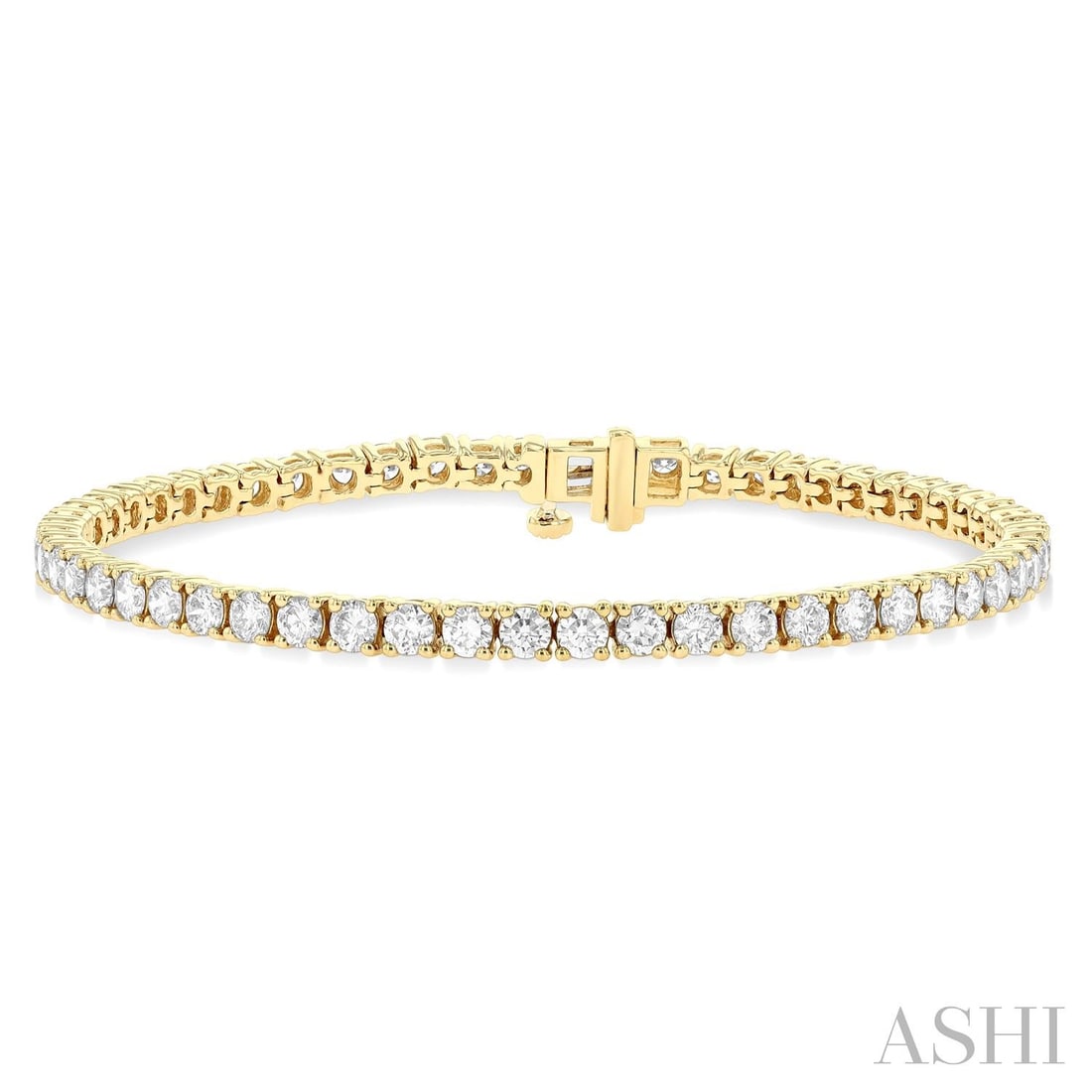 4.98 ctw Diamond 14K Yellow Gold Tennis Bracelet: Captured in a moment of brilliance, this stunning Tennis bracelet featuring White Diamond speaks to the connoisseur. The gemstones are nestled within a Continuous Line framework, supported by a substa