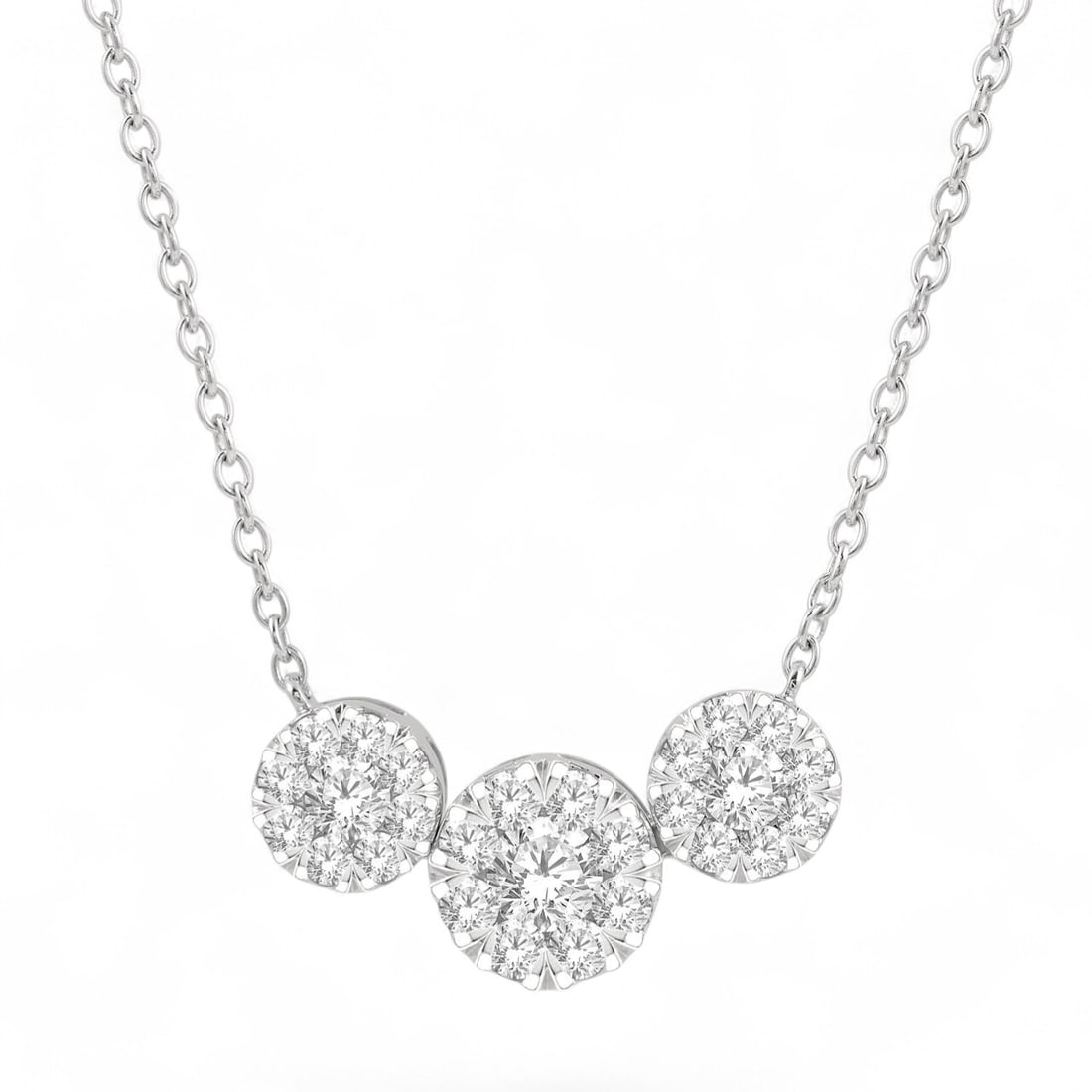 1.52 Ctw 3-Stone Cluster Round White Diamond Modern 14K White Gold Necklace - Certified: Captured in a moment of brilliance, this magnificent 3-Stone Cluster necklace featuring Natural Diamonds speaks to the connoisseur. Expertly mounted in a Three-Stone setting, the necklace is crafted i