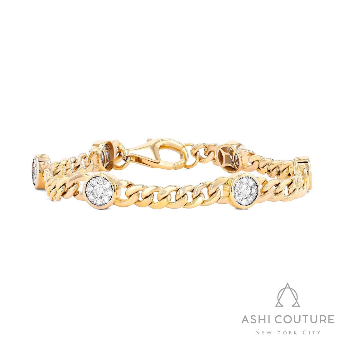 1.26 ctw White Diamond Fiori Cuban 18K Yellow & White Gold Bracelet: A vision of luxury, this stunning Cuban bracelet featuring White Diamond defines sophistication. Expertly mounted in a Bezel/Cluster setting, the bracelet is crafted in 11.15 grams of solid 18K Yellow