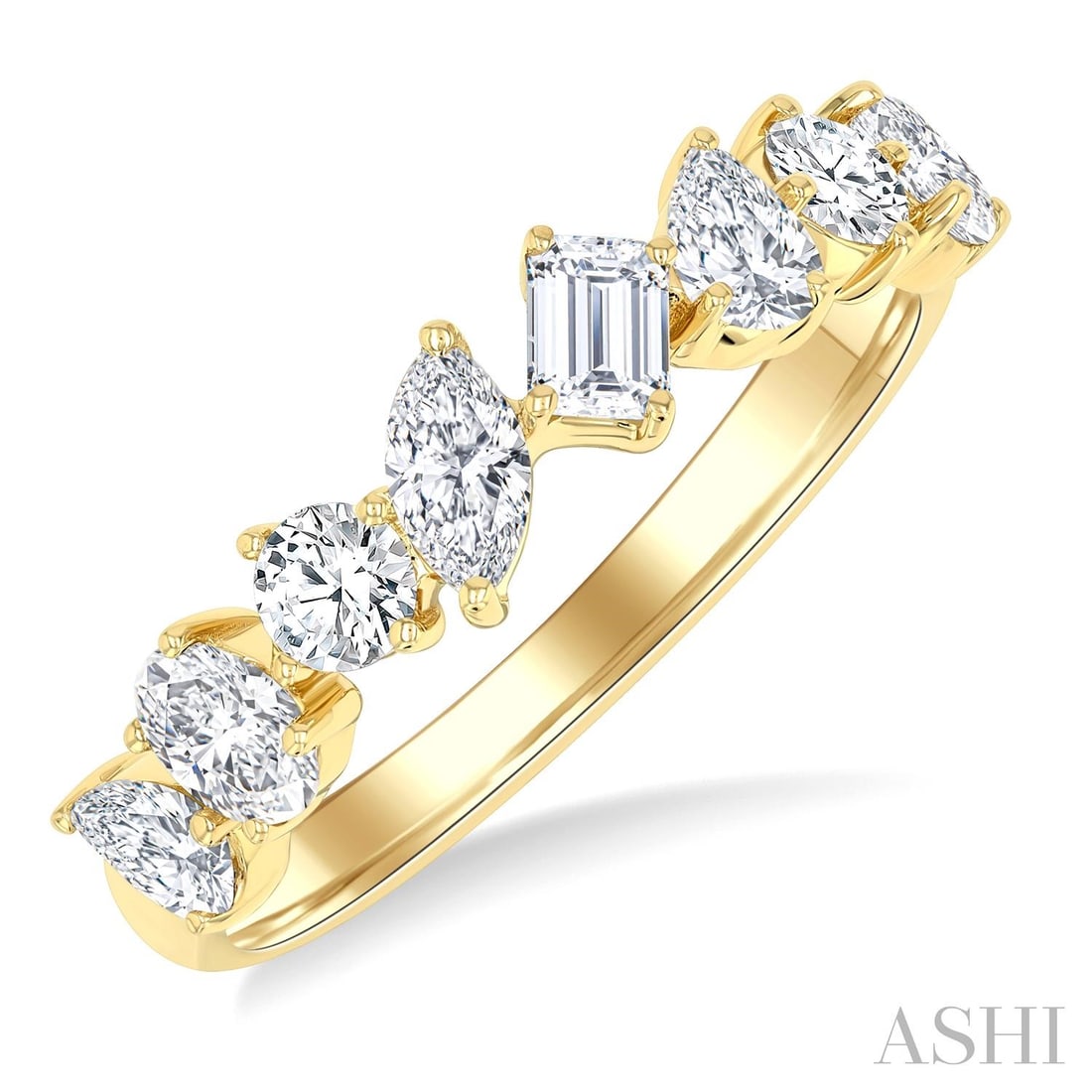 1.12 ctw White Diamond Mixed Shape 14K Yellow Gold Band Ring: Epitomizing grandeur, this exquisite Mixed Shape band ring featuring White Diamond stands as a beacon of refined taste. Showcasing the gems in a Fashion Band arrangement, the band ring consists of 2.5
