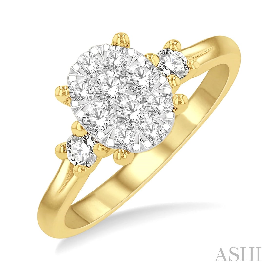 0.60 ctw Diamond Cluster 14K Yellow & White Gold Engagement Ring: A vision of luxury, this magnificent Oval Shape Cluster ring featuring White Diamond defines sophistication. Expertly mounted in a Three-Stone (Cluster Center) setting, the ring is crafted in 3.95 gra
